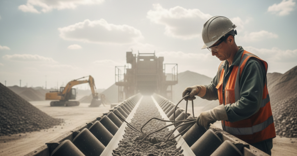 ベルトコンベア上の鉄筋を取る作業員