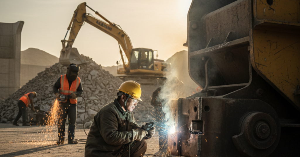 破砕機の摩耗箇所をアーク溶接で補修するベテラン作業員