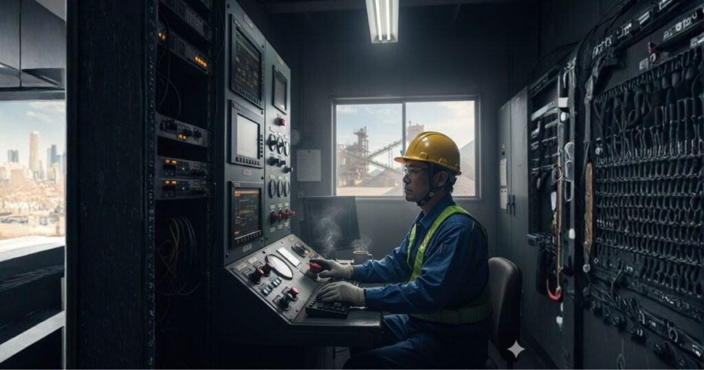 集中コントロールルームでプラントの操作盤を操作する作業員