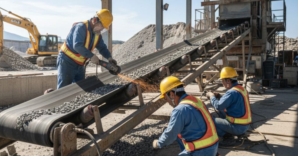 現場でベルトコンベアの部品交換・修理作業を行う3人の作業員