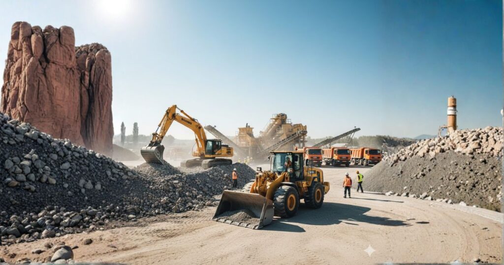 プラント内に整列したホイールローダー・ショベルカー・ダンプトラック