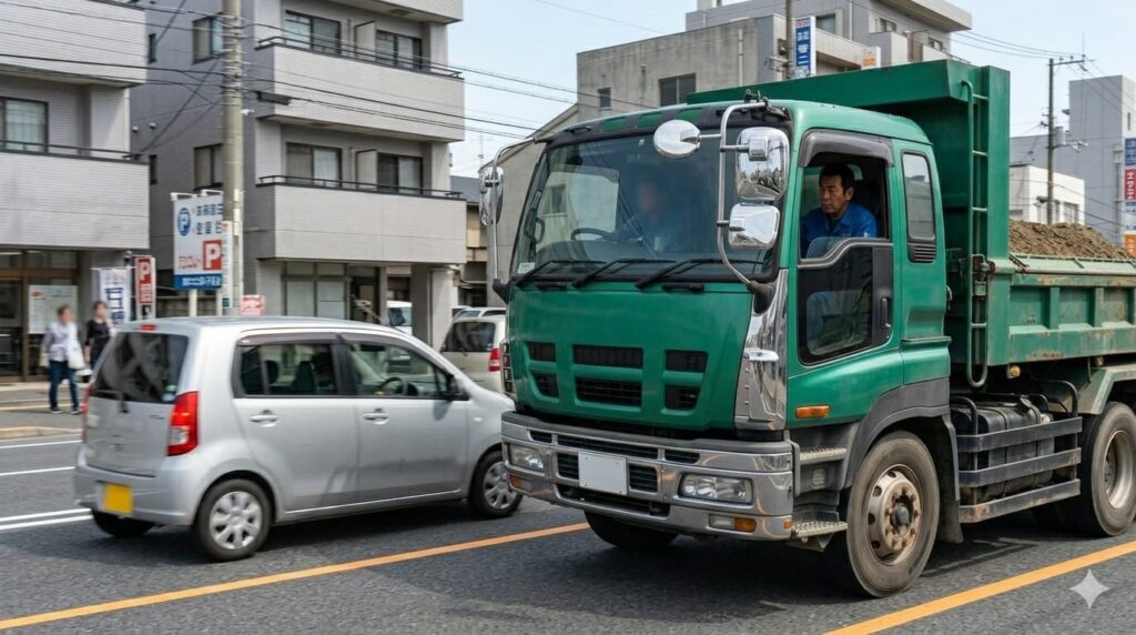ダンプのギリギリを走る車