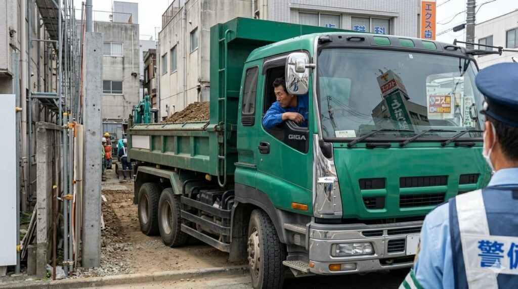 現場にバックするダンプ